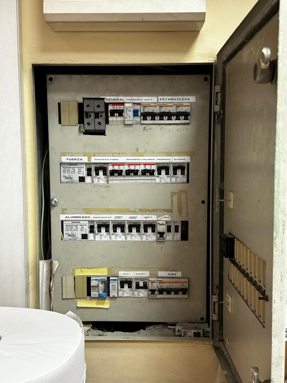 Cuadro eléctrico industrial con circuitos de fuerza y alumbrado señalizados